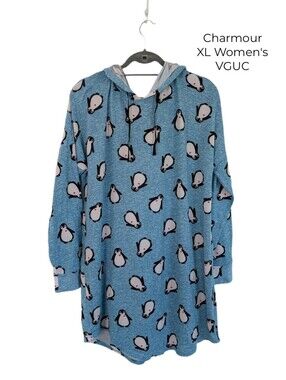 🩵 4/$20 Women's XL Thinner Style Blue Penguin Print Hoodie Sweater